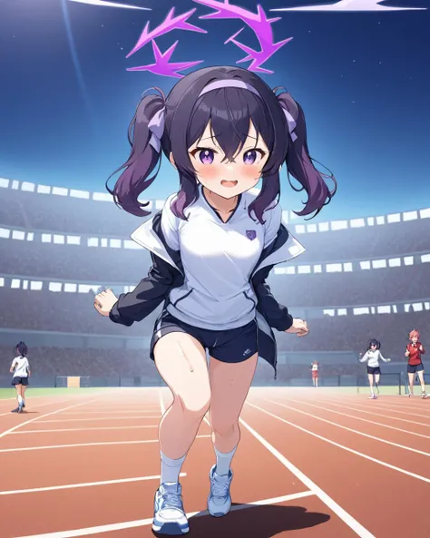 haruka (blue archive), white_shirt, halo, gym_uniform, hair_bow, black_bow, black_hairband, white_socks, track_jacket, open_mouth, 2girls, buruma, white_footwear, legs, solo_focus, twintails, open_jacket, long_sleeves, blush, thighs, full_body, outdoors, s...