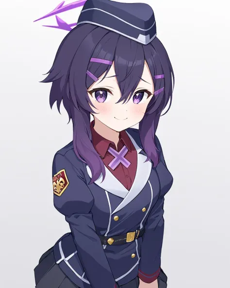 haruka (blue archive),1girl, hairclip, solo, garrison_cap, halo, white_background, blush, looking_at_viewer, simple_background, red_shirt, juliet_sleeves, pleated_skirt, heart, smile, purple_jacket, military, military_uniform, collared_shirt, closed_mouth,...