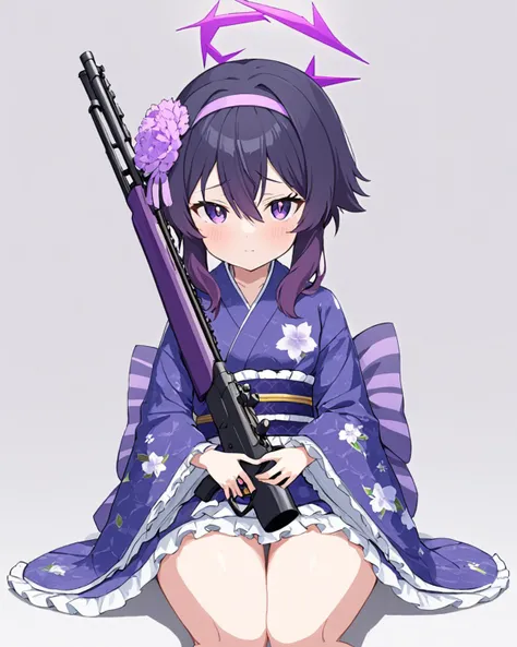 haruka (blue archive),1girl, frilled_kimono, solo, official_alternate_costume, halo, holding_gun, shotgun, looking_at_viewer, obi, kimono_skirt, sitting, simple_background, blush, floral_print, long_sleeves, wide_sleeves, purple_kimono, hairband, white_bac...