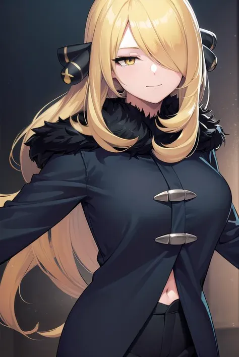 pokemoncynthia, <lyco:pokemoncynthia-lyco-nochekaiser:1>,
pokemoncynthia, blonde hair, hair ornament, (hair over one eye:1.5), long hair, (yellow eyes:1.5), <lora:sensualface_type1:1>, smile,
BREAK black coat, black pants, black shirt, coat, fur collar, fu...