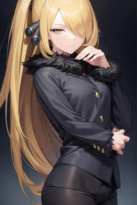 a woman with long blonde hair wearing a black suit and headphones