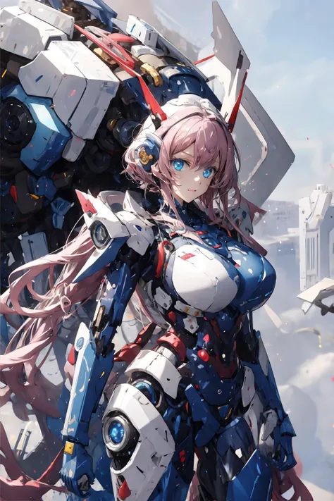 a close up of a woman in a futuristic suit standing in front of a giant robot