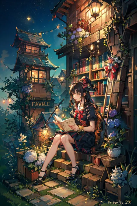 (Masterpiece:1.2, high quality), (pixiv:1.4),fansty world,
1girl, book, broom, kiki (majo no takkyuubin), flower, cat, open book, sitting, bow, bookshelf, night, reading, hair bow, lantern, brown hair, dress, watermark, red bow, plant, star (sky), black dr...