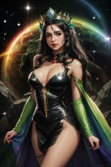 a tall godly woman with long (black hair) BREAK
wearing a (bright green floating silks and dress, royal silver crown, shining jewelry) BREAK
floating in outer space at (night time), in an asteroid field (on a galaxy with rainbow lights) by the sun and a bl...