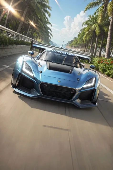 a blue sports car driving down a road near palm trees