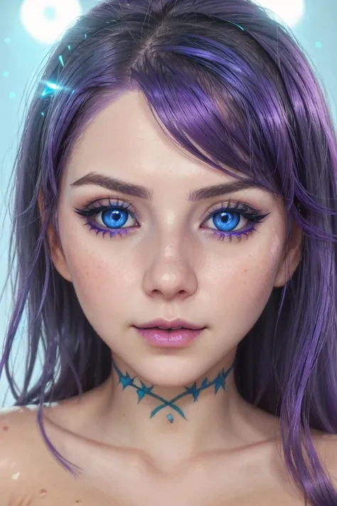 a woman with purple hair and blue eyes is posing for a picture