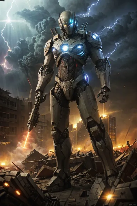 a robot standing in front of a city with lightning