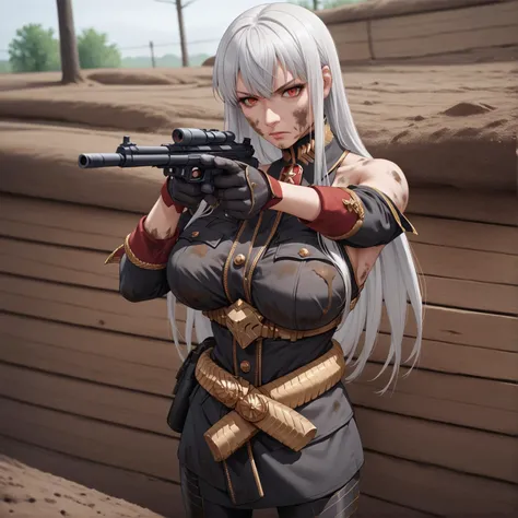 anime girl with gun in hand and a brick wall in the background