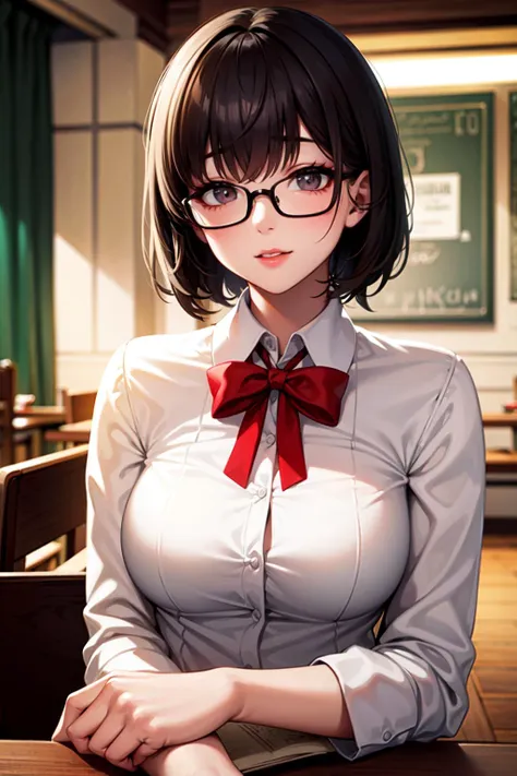 anime girl with glasses and a bow tie sitting at a table