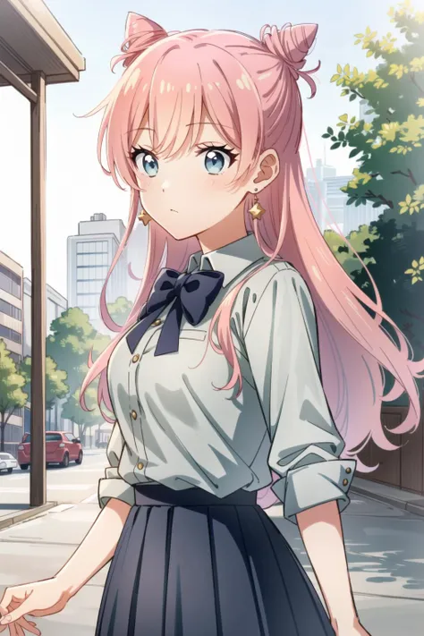 1girl, solo, akari watanabe, long hair, blue eyes, pink hair, hair bun, double bun, cone hair bun, skirt, shirt, bow, jewelry, pleated skirt, earrings, blue skirt, blue shirt, <lora:akariwatanabe-lyco-nochekaiser:1>