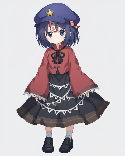 miyako yoshika,1girl, solo, hat, red_shirt, black_footwear, star_hat_ornament, full_body, black_skirt, star_(symbol), looking_at_viewer, no_nose, long_sleeves, sleeves_past_fingers, bandaid_on_knee, wide_sleeves, neck_ribbon, ofuda, bandaged_leg, black_rib...