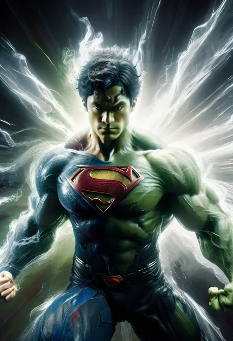 Superman,  the Hulk
wabstyle, glowing,two-tone hair,  1man, cinematic angle,   motion blur, looking at viewer, <lora:wabstyleSDXL:0.7>