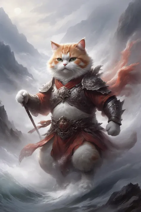 masterpiece, professional artwork, wabstyle, painting of a chubby red warrior cat, wearing ornate robes, light armor, dynamic action pose, light fog, desolation,  mountainous, wispy waves, <lora:wabstyleSDXL:.7>