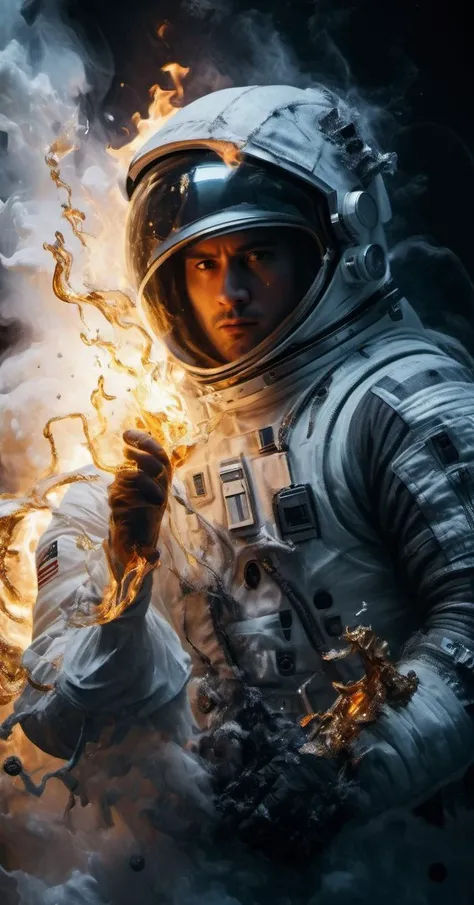 wabstyle, a painting of an astronaut holding a bottle of liquid, The left half is a golden flame, burning justice and light, while the right half is a black frost, freezing evil and darkness, highly detailed, real, glowing, true colors, dramatic, mystical,...