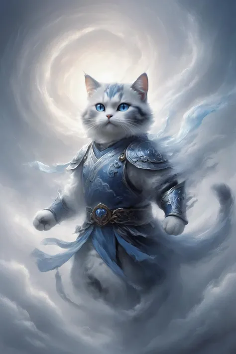 masterpiece, professional artwork, wabstyle, painting of a chubby blue warrior cat, wearing ornate robes, light armor, dynamic action pose, light fog, cloudscape,wispy clouds, heavenly aura, <lora:wabstyleSDXL:.7>