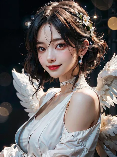 realistic photo
1girl (30yo) stunningly beautiful mature Japanese angel, facing camera, (large white wings:1.1), long dynamic black hair with white highlights, subsurface scattering,
wearing a black choker, earrings, black see through clothes, feathers, fe...