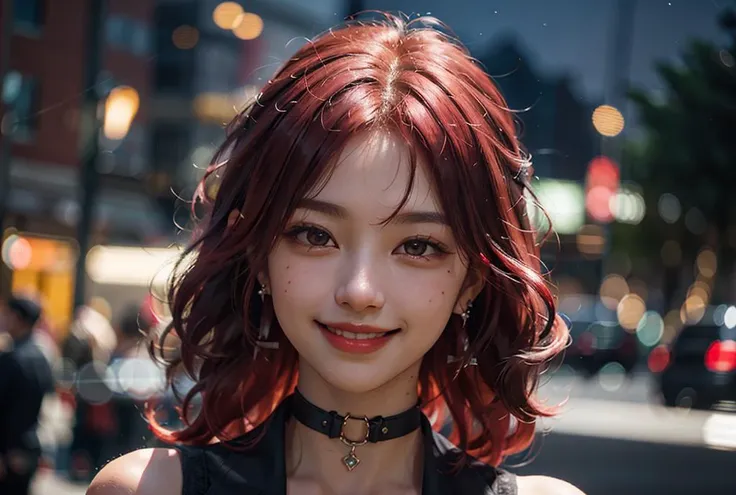 1girl (30yo) stunningly beautiful mature Japanese girl, standing, facing camera, long dynamic black hair with ((red hair)) highlights, realistic skin, subsurface scattering,
black choker, earrings, (smiling:1.4), dimples, 
battlefield,
((cinematic lighting...