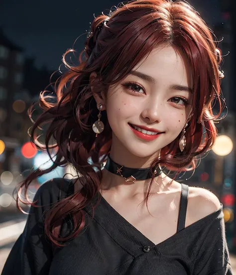 1girl (30yo) stunningly beautiful mature Japanese girl, standing, facing camera, long dynamic black hair with ((red hair)) highlights, realistic skin, subsurface scattering,
black choker, earrings, (smiling:1.4), dimples, 
((cinematic lighting)), professio...