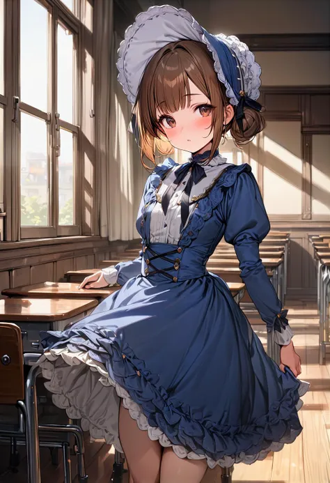 (masterpiece, best quality:1.2), 1girl, solo, brown hair, medium hair, sidebuns, brown eyes, small breast, blue victorian dress, bonnet, cowboy shot, indoors, full body, victorian, classroom   <lora:Beatriche sdxl_lora:1>