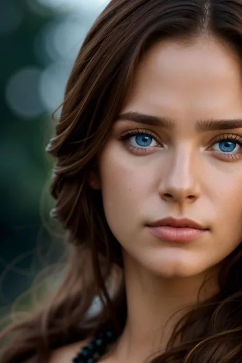 a close up of a woman with long hair and blue eyes