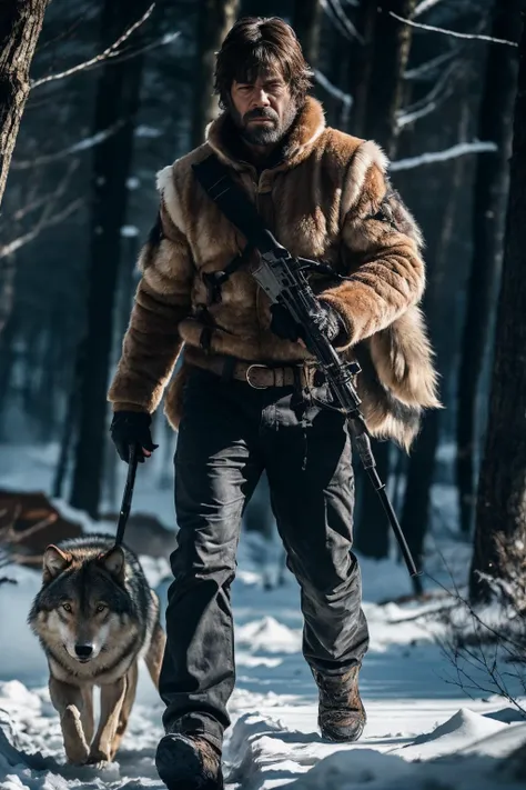 a man in a fur coat walking with a dog in the snow