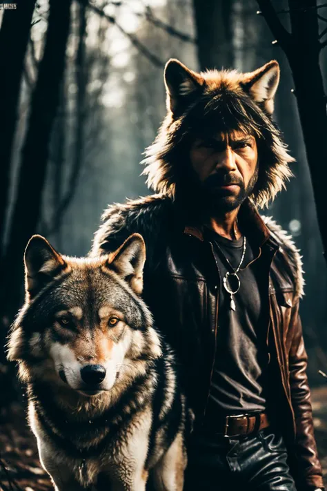 a man in a leather jacket and a wolf standing next to each other