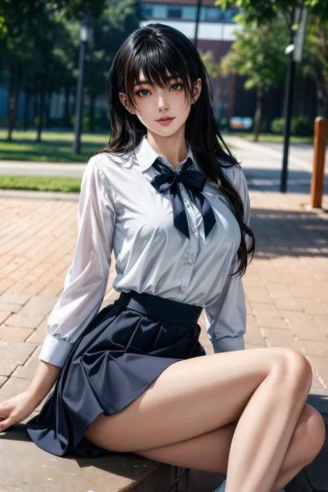 a close up of a woman sitting on a brick walkway