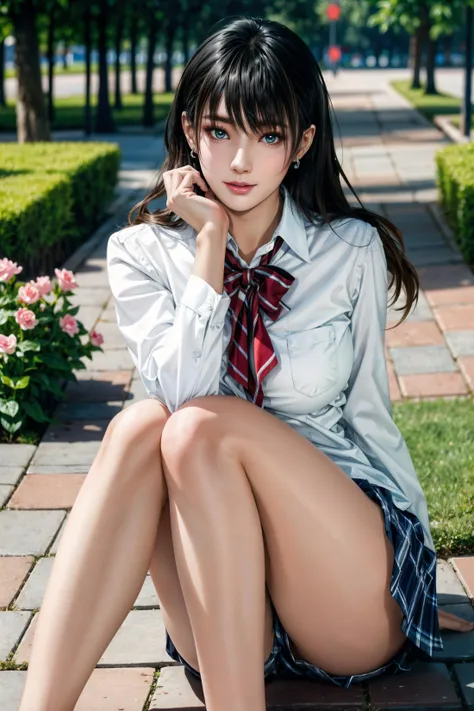 best quality, perfect face, intricate, beautiful scenery, ultra realistic 8k CG,perfect artwork, 1girl, nanami, medium breasts, beautiful skin, beautiful legs, beautiful face, beautiful body, high school uniform, white blouse, outdoor, school garden, depth...