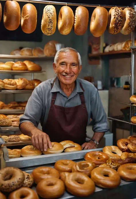 Photography in (stvmccrr style), portrait of a bagel stand owner, analog film, film grain, rich colors, kodachrome, intricate details, insanely detailed, natural lighting, 8k, hdr, masterpiece, award winning photography