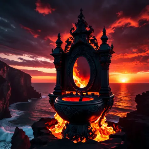 Gothic style 4k,highly detailed,masterpiece,of fire that looks like a (toilet:1.3),sitting on the edge of a cliff overlooking a great sunset over the sea,<lora:Aether_Fire_v1_SDXL_LoRA:1>,<lora:add-detail-xl:1> . Dark, mysterious, haunting, dramatic, ornat...