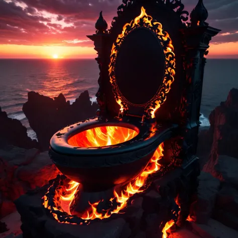 Gothic style 4k,highly detailed,masterpiece,of fire that looks like a (toilet:1.3),sitting on the edge of a cliff overlooking a great sunset over the sea,<lora:Aether_Fire_v1_SDXL_LoRA:1>,<lora:add-detail-xl:1> . Dark, mysterious, haunting, dramatic, ornat...