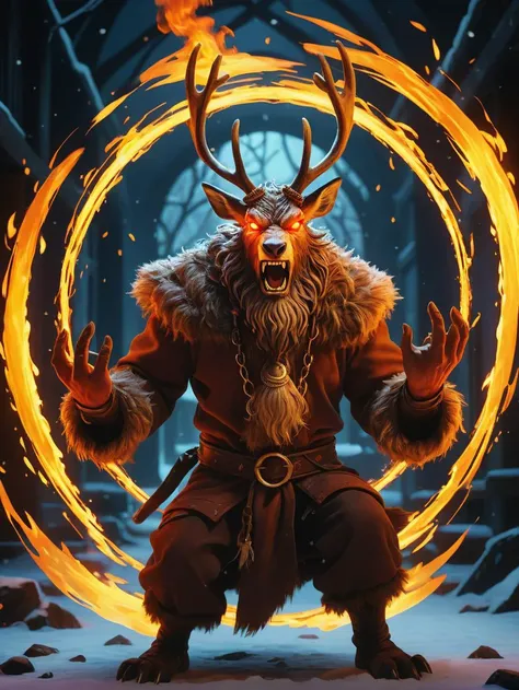 Role-playing game (RPG) style fantasy, a fire that like Reindeer with (glowing eyes:1.2) on a neon magical (circle), Perfect Hands, struggling, angry, crazy upset yelling, in the wizards workshop, 
(SFW:1.3), (full body, dynamic pose, low angle), (winter:1...