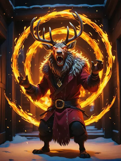 Role-playing game (RPG) style fantasy, a fire that like Reindeer with (glowing eyes:1.2) on a neon magical (circle), Perfect Hands, struggling, angry, crazy upset yelling, in the wizards workshop, 
(SFW:1.3), (full body, dynamic pose, low angle), (winter:1...