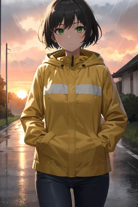 masterpiece,best quality,1girl,cowboy shot,green eyes,hands in pockets,up close,wearing a yellow rain jacket and dark pants,rainy day,short hair,yellow hood,walking in a country road at sunset,