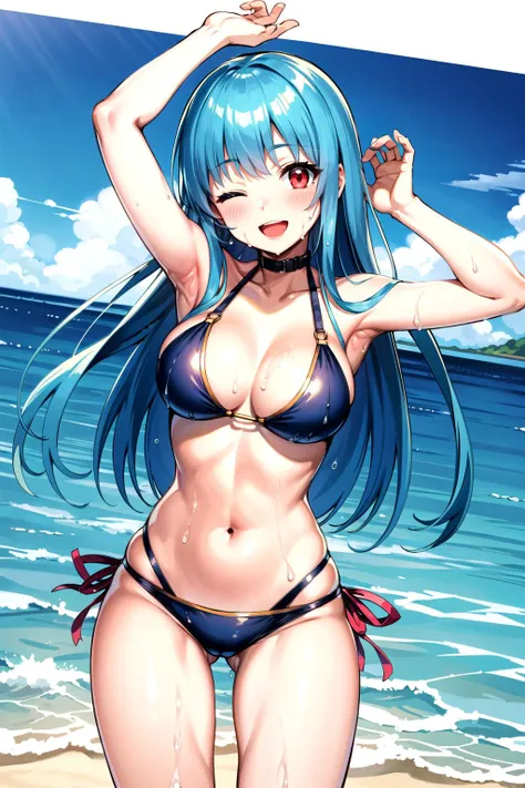 masterpiece, best quality, ultra-detailed, extremely detailed,illustration, 1girl, solo, kulams, bikini, red eyes, medium breasts, thighs, looking at viewer, blush, smile, one eye closed, open mouth, wet, cowboy shot, blue sky, beach, <lora:Kula:0.7>