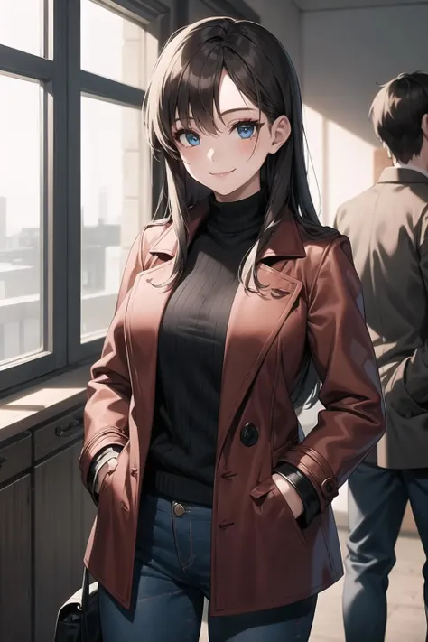 anime girl in a brown jacket and jeans standing in front of a window