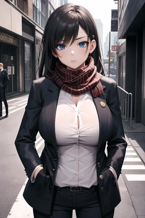 masterpiece, best quality, 1girl, hands in pockets, checkered scarf, dress pants, blue eyes, large breasts, jacket, closed jacket, red undershirt, city, street,