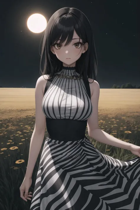 best quality, 1girl, upper body, looking at viewer, detailed, zebra print, dress, long skirt, standing in a field, dark colors, night, eclipse