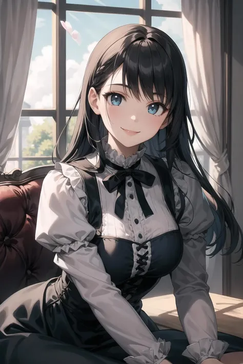 a woman in a maid outfit sitting on a couch