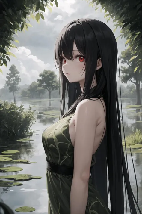 masterpiece, best quality, 1girl, red eyes, very long hair, swamp, dark cloudy sky, leaf dress, upper body, from side, looking at viewer