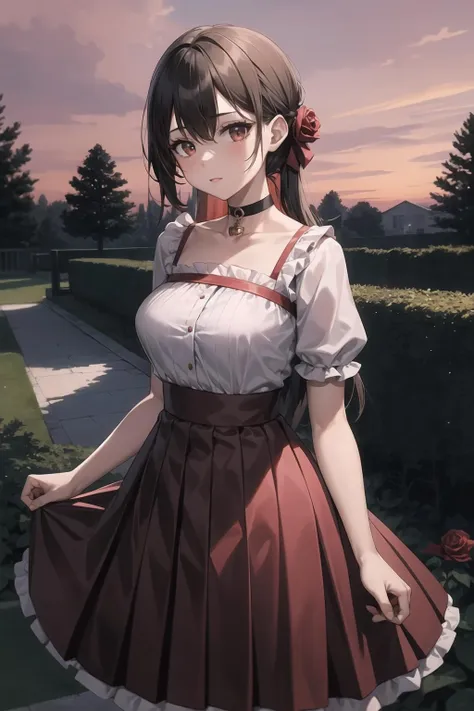 anime girl in a short dress standing in a park