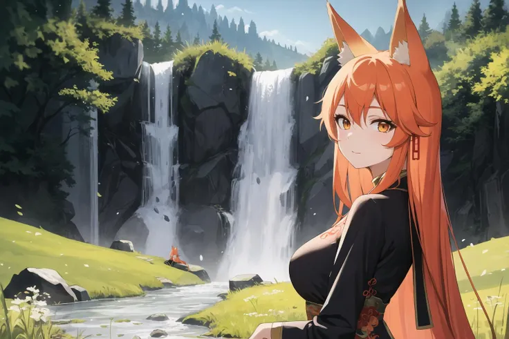 anime girl with long red hair standing in front of a waterfall