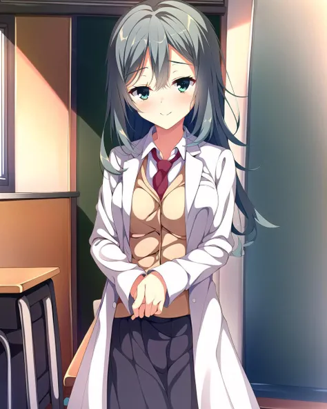 masterpiece, best quality, 1 girl, <lora:shikibeMayuRiddleJoker_v1E3:0.9>, mayu, side tail, classroom, school uniform, labcoat, medium breasts, cowboy shot