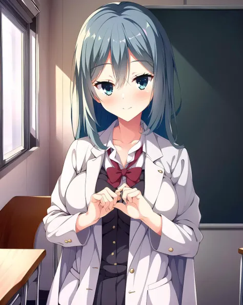 masterpiece, best quality, 1 girl, <lora:shikibeMayuRiddleJoker_v1E3:0.7>, classroom, school uniform, labcoat, big breasts