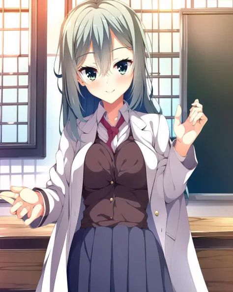 anime girl in a school uniform standing in front of a window