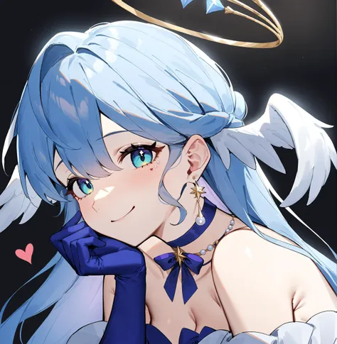 anime girl with blue hair and angel wings and a halo