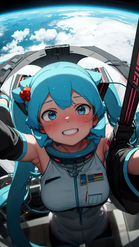 (masterpiece, best quality:1.15), (1girl:1.1), Hatsune Miku, twintales, very long hair, serious, astronaut suit, cute, looking at viewer, floating, indoors, space station, day, grin, blush, solo