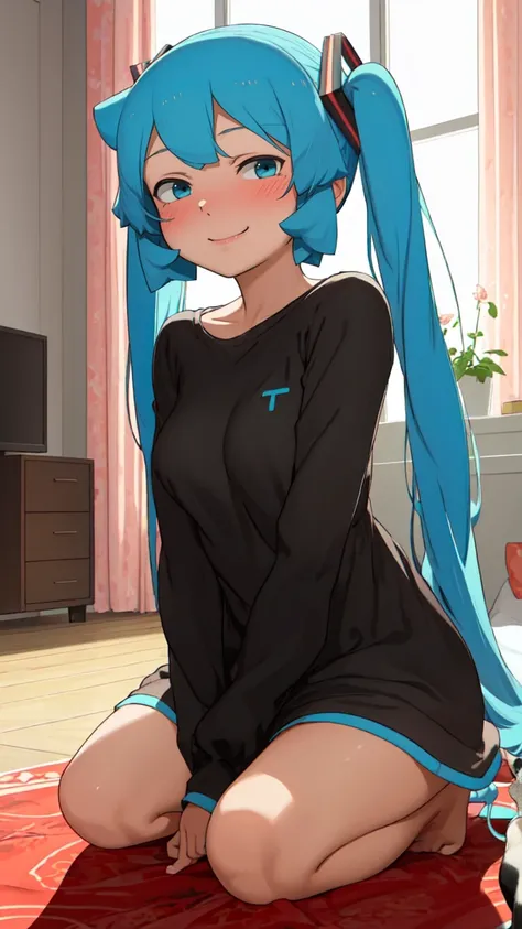 (masterpiece, best quality:1.15), (1girl:1.1), Hatsune Miku, twintales, very long hair, serious, casual clothes, cute, looking at viewer, kneeling, indoors, living room, day, playing with a pet cat, smirk, smile, blush, solo