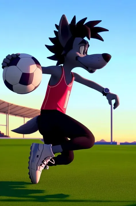 nupogodinewwolf, (outdoors, kicking a soccer ball), (tank top, watch, shoes, tail), (masterpiece:1.2), 3d, unreal engine render,...