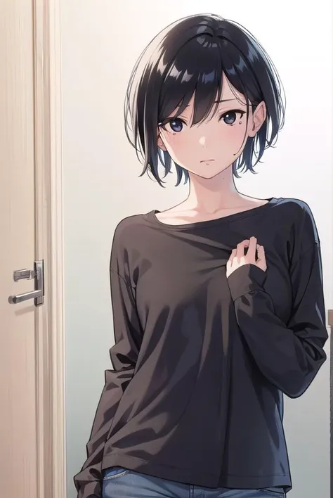 anime girl with black hair and blue jeans standing in front of a door